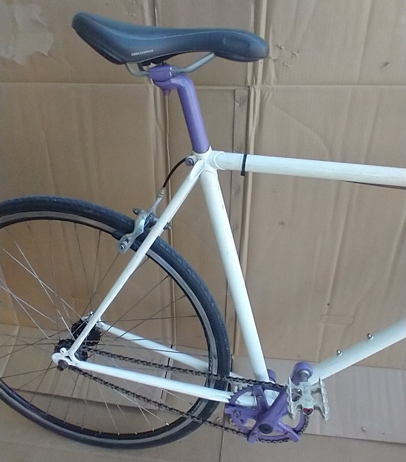 Flix Flop Fixie with purple and white accents. 52cm. used. consignment, no tax, no warranty